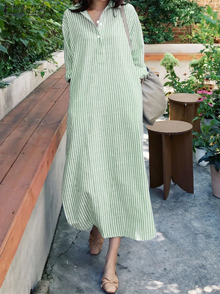 ZANZEA スタイリッシュなストライプ柄シャツワンピース レディース 2025年秋 長袖 ターン ダウンカラー ミディ丈ワンピース ストリートウェア 通勤 ローブ ファム