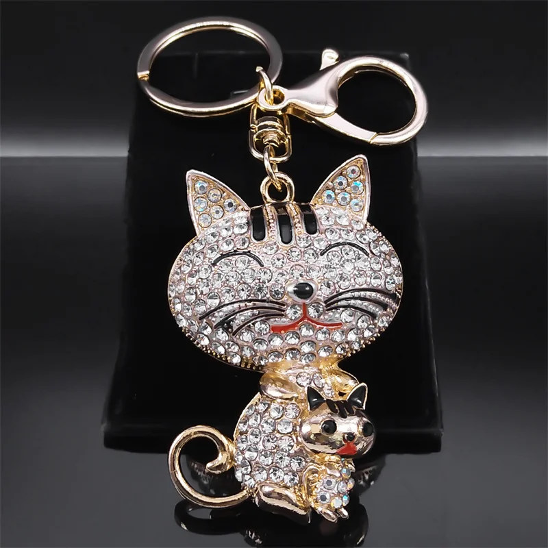 Cute Animal Cat Keychain Rhinestone Metal Gold Color Kitty Keyring for Women Girl Bag Wallet Pendant Decoration Jewelry llaveros