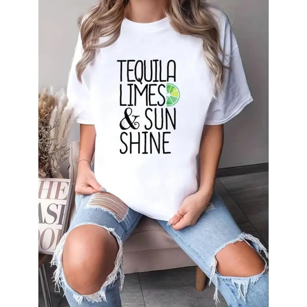 

Tequila Limes Sunshine T-Shirt Funny Summer Vacation Drink Graphic Tee, Beach Party Holiday Gift for Women, Tropical Casual Top