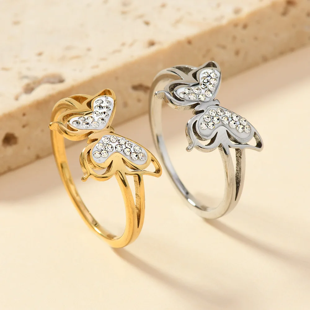 Europe And The United States New Stainless Steel Ring Female Light Luxury High Sense Large Butterfly Clay Diamond Ring Couple Ri