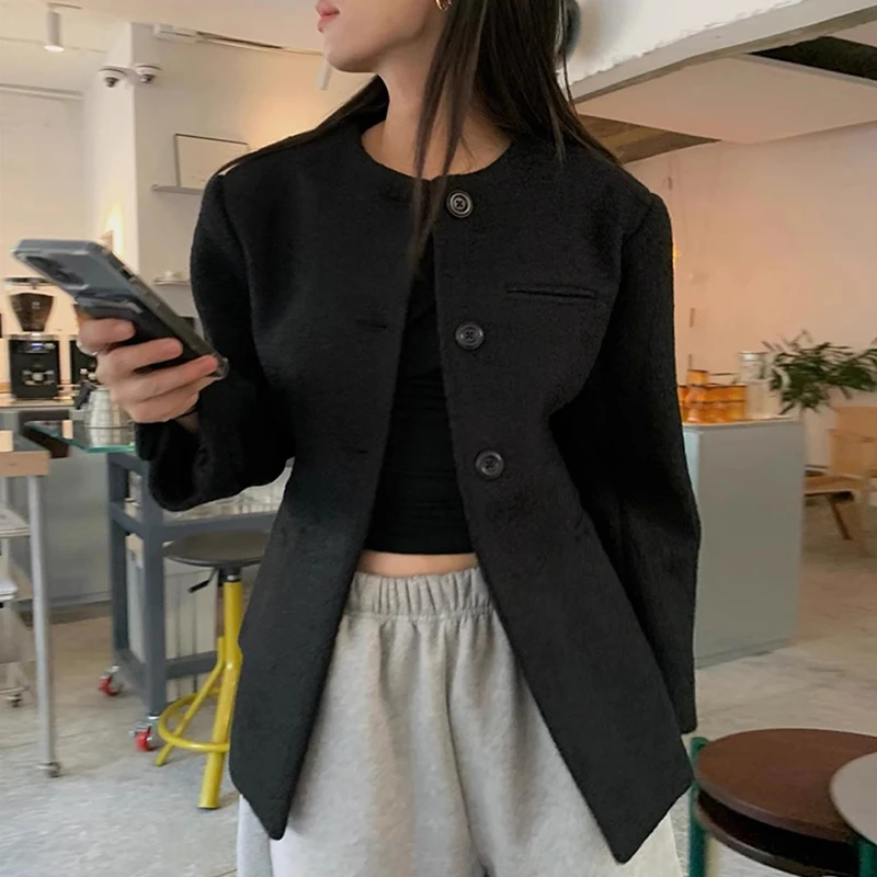 KUSAHIKI Korean Chic Autumn Elegant Round Neck Single Breasted Slim Waist Versatile Long Sleeved Woolen Jacket Coat for Women