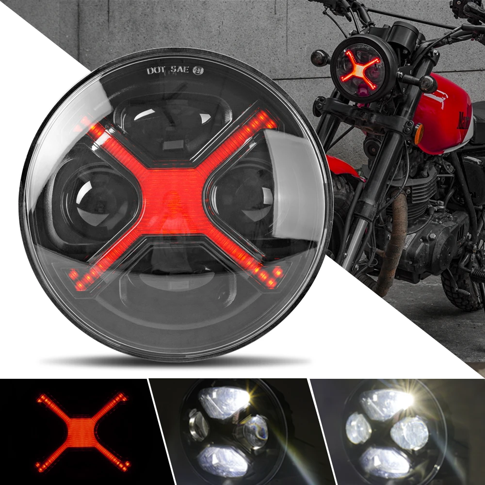 Farol LED para motocicleta de 5,75 polegadas, farol VERMELHO estilo X esfumaçado 5-3/4, compatível com Harley 883 1200 X48 Indian Scout etc.