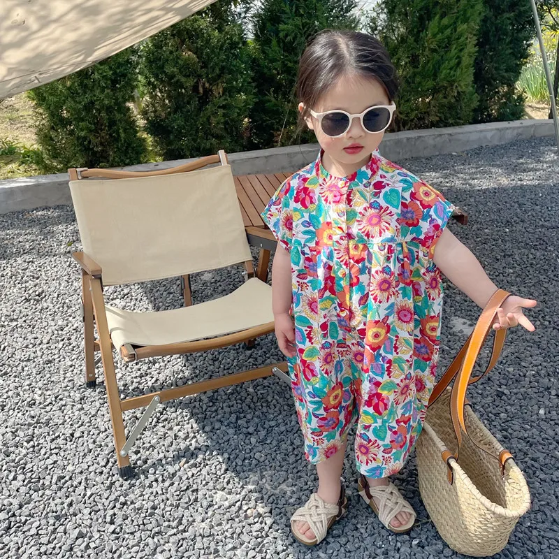 

Summer Baby Girls Cotton Loose Single-Breasted Short-Sleeved Floral Bodysuits Kids Sweet Jumpsuits Child Overalls Outfit 2-8 Yrs