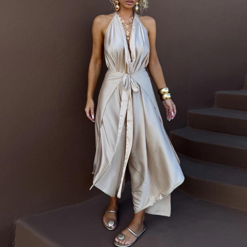Elegant Backless Pleated Wide Leg Rompers Lady Solid High Waist Commute Playsuits Sexy V-neck Sleeveless Halter Satin Jumpsuits