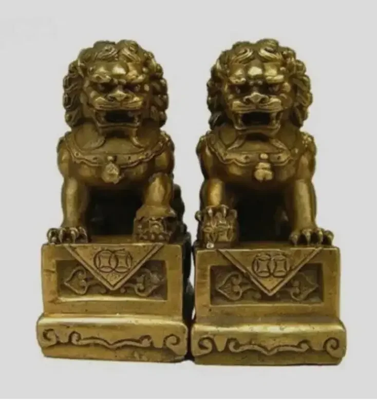 Brass Folk Fengshui Fu Foo Dogs Guardion Door Lion Statue Pair 7cm Wish U Wealth