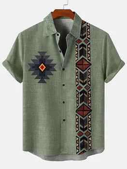Camicia casual da uomo estiva per tutti i giorni, camicia casual a maniche corte da uomo con stampa tribale stile vintage, camicia hawaiana per feste in spiaggia in piscina