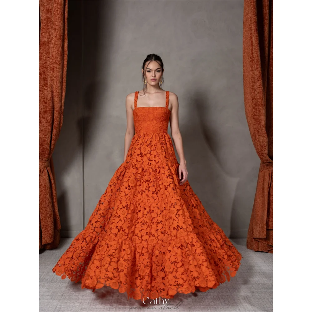 

Оранжевое кружевное платье для выпускного вечера Cathy с квадратным вырезом, трапециевидное платье на шнуровке сзади, вечерние платья длиной до пола, 2025
