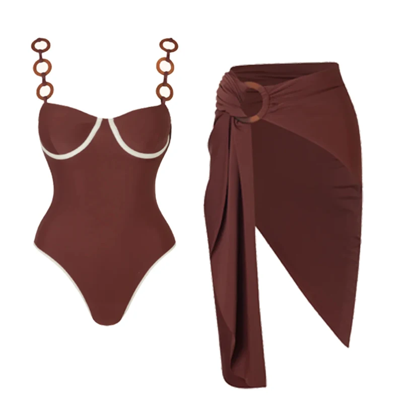 2024 maiô anel decoração marrom uma peça feminina roupa de banho férias beachwear folga atacado