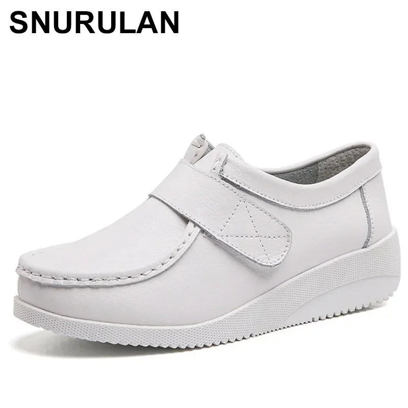 SNURULAN Leather Women Shoes Soft Bottom Slip on White Wedge Casual Women Shoes Comfortable Warm Fashion Nurse Working Shoes