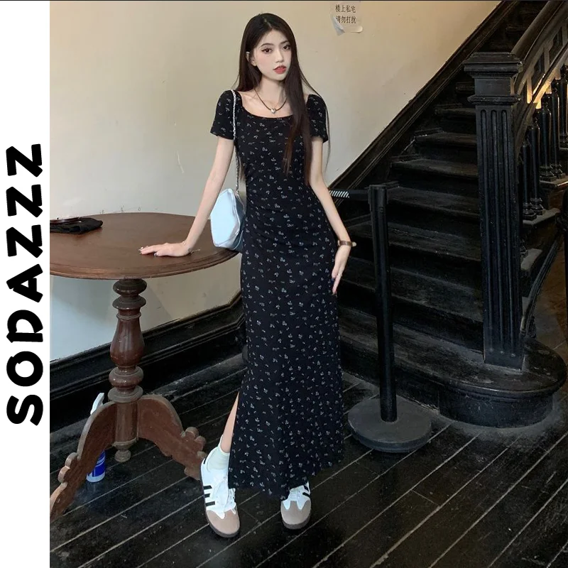 Sodazzz French Style Vintage Floral Square Collar Short Sleeve Dress Women\'s Summer Tight Waist Slit Sheath Skirt Long Dress