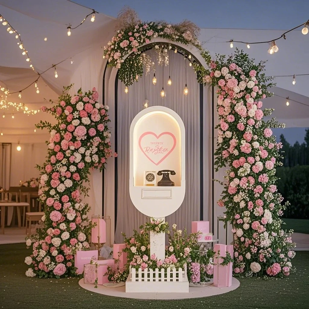 

White phone booth, wedding party decoration, metal ornaments, atmosphere bracket, check-in desk