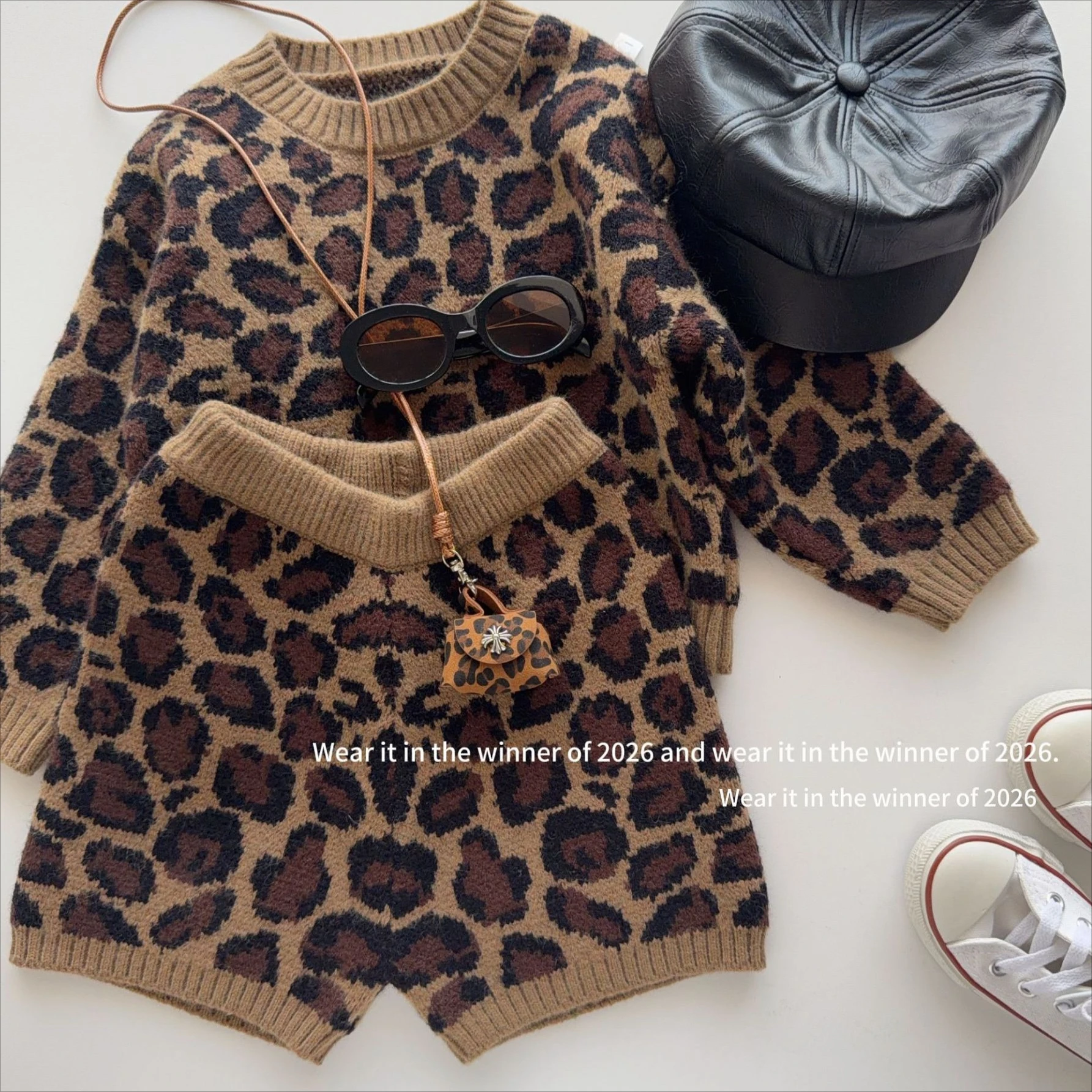 Girls' Suit 2026 Spring and Autumn New Children's Clothing Korean Style Girl Baby Foreign Leopard Print Sweater Two-piece Set