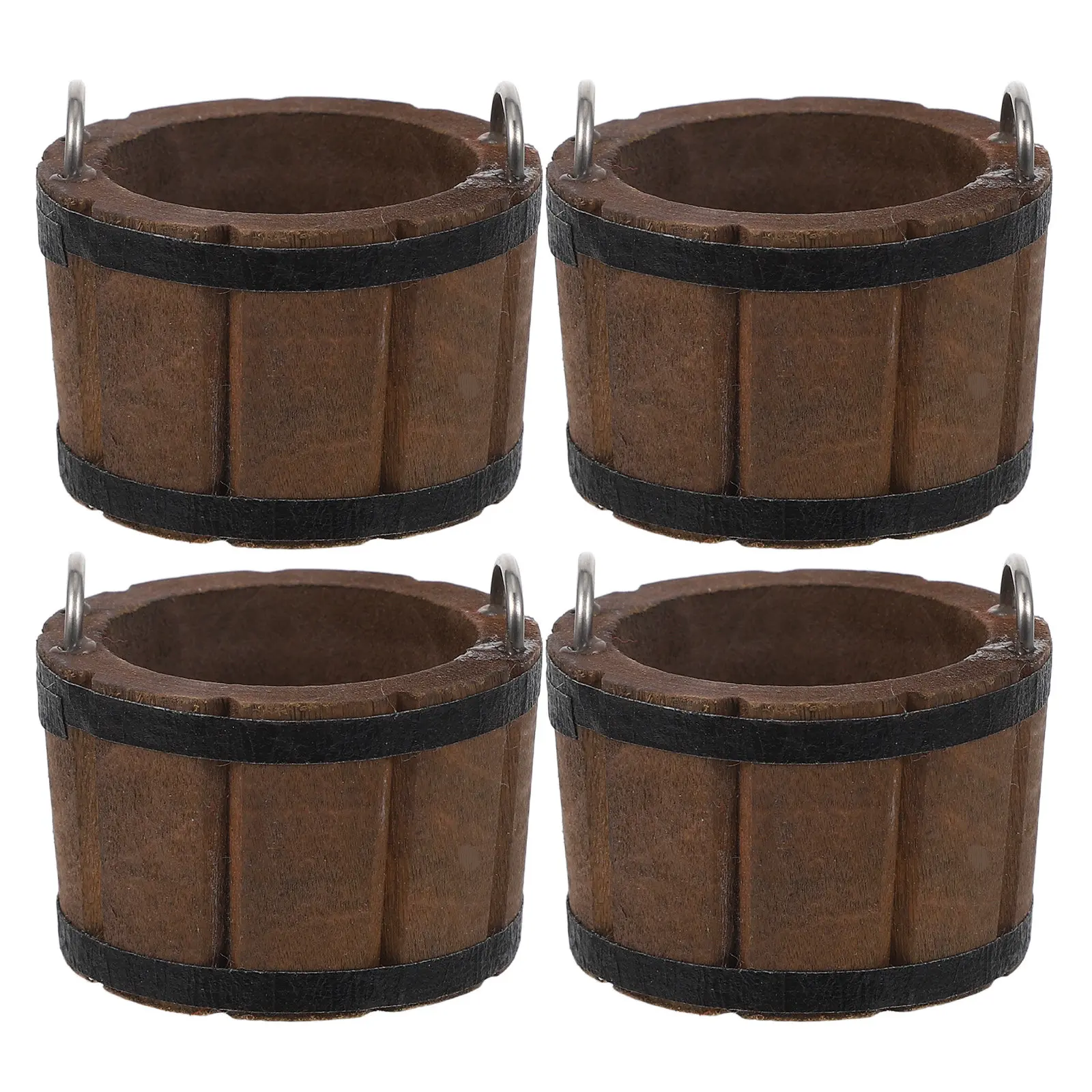 

4Pcs Miniature Wood Buckets Rustic Tiny Wooden Barrel Metal Handle Kitchen Scene Simulation Micro Landscape Pretend Play DIY