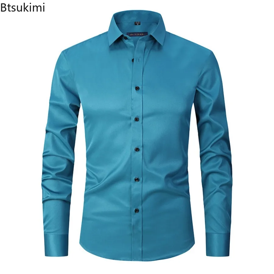 Camisas formales de negocios para hombre, camisas informales ajustadas y sólidas, camisas de vestir para banquete y fiesta, camisas cómodas de talla grande, 2024