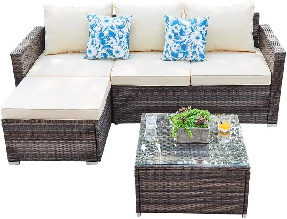 

Patio Furniture Set All Weather Wicker Outdoor Sectional Patio Couch Rattan Sectional with Table and Chairs, 3 Piece