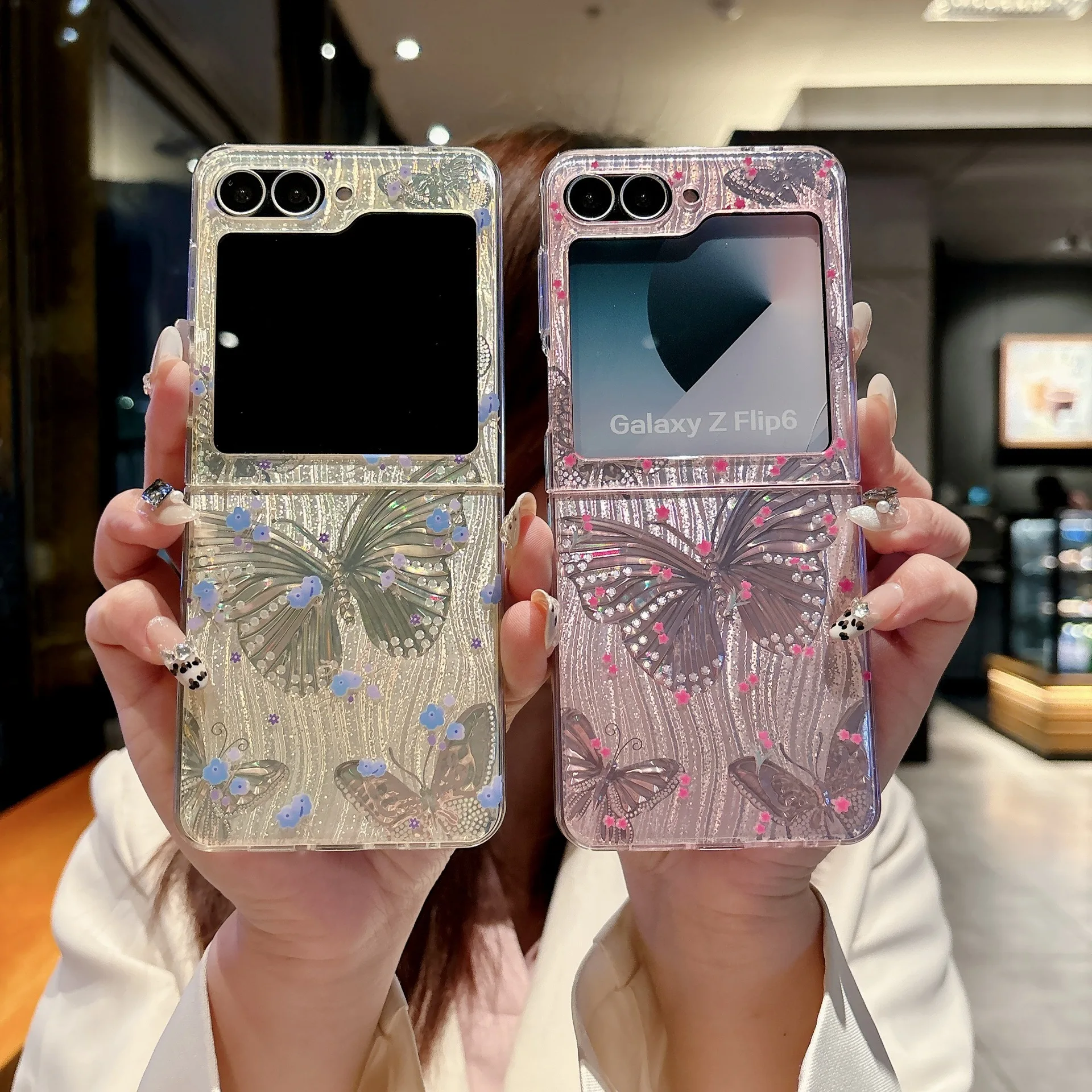 

Butterfly Silver Pink Phone Case For Samsung Galaxy Z Flip 7 6 5 4 Protective Back Cover For ZFlip5 ZFlip6 ZFlip7 Case Shell