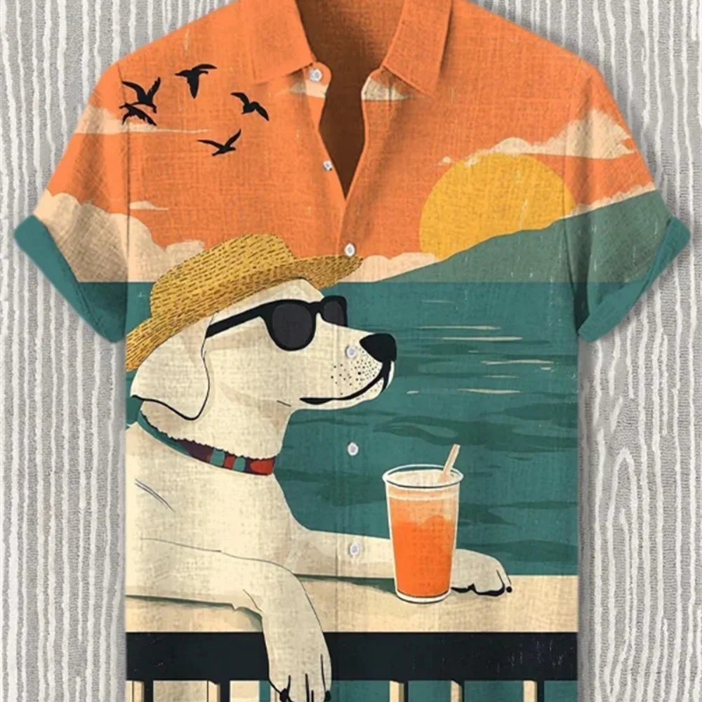 

Men's Summer Cute Animal 3D Print Short-Sleeve Shirt Casual Retro Fashion Hawaiian Men Shirt Men's Trendy Lapel Casual Clothing