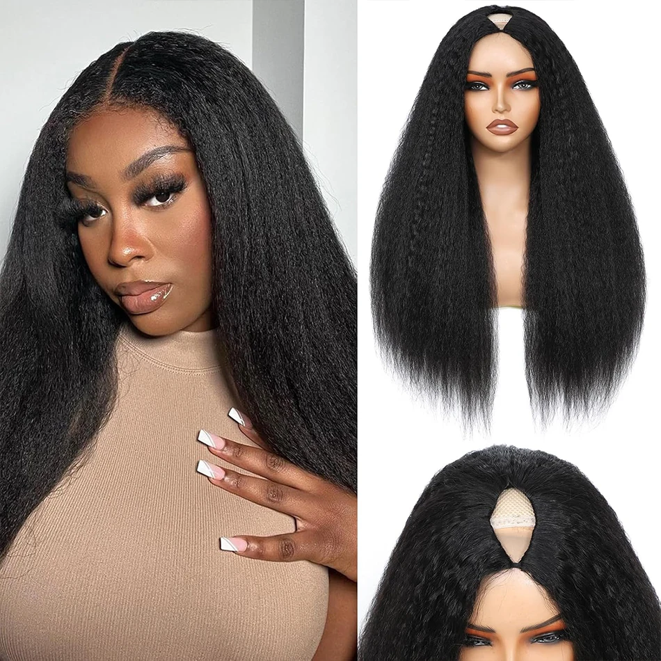 

100% Raw Virgin Human Hair Yaki Straight V Part Wig Wear Go Glueless 250% Density 4C Kinky Straight Hair Upgrade U Part Half Wig