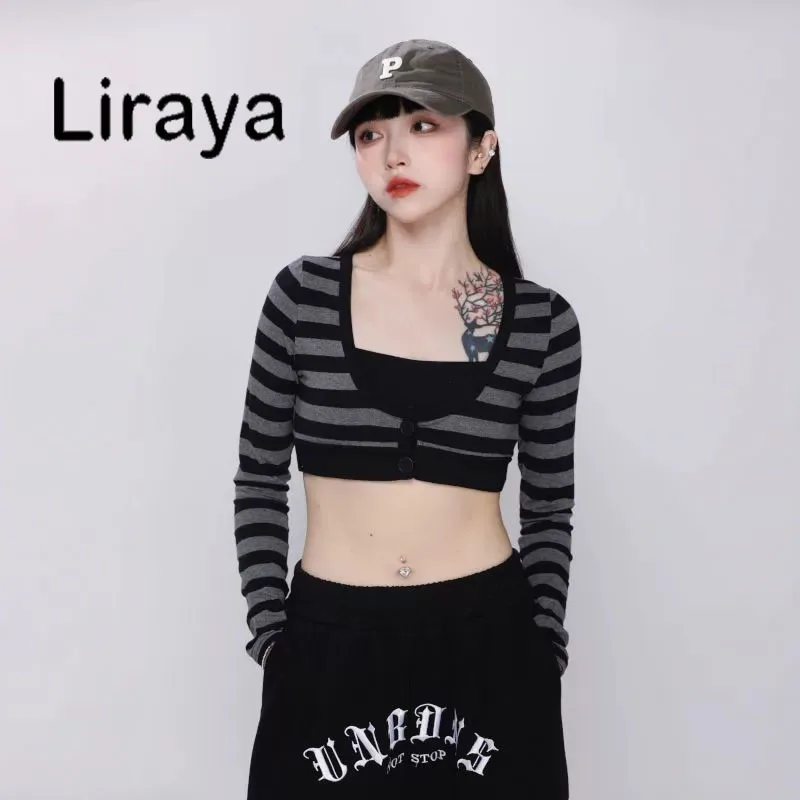 Liraya Y2k Crop Top Japanese 2000s Style Striped Long Sleeved T-shirt Vintage Harajuku High Street Tops American Retro