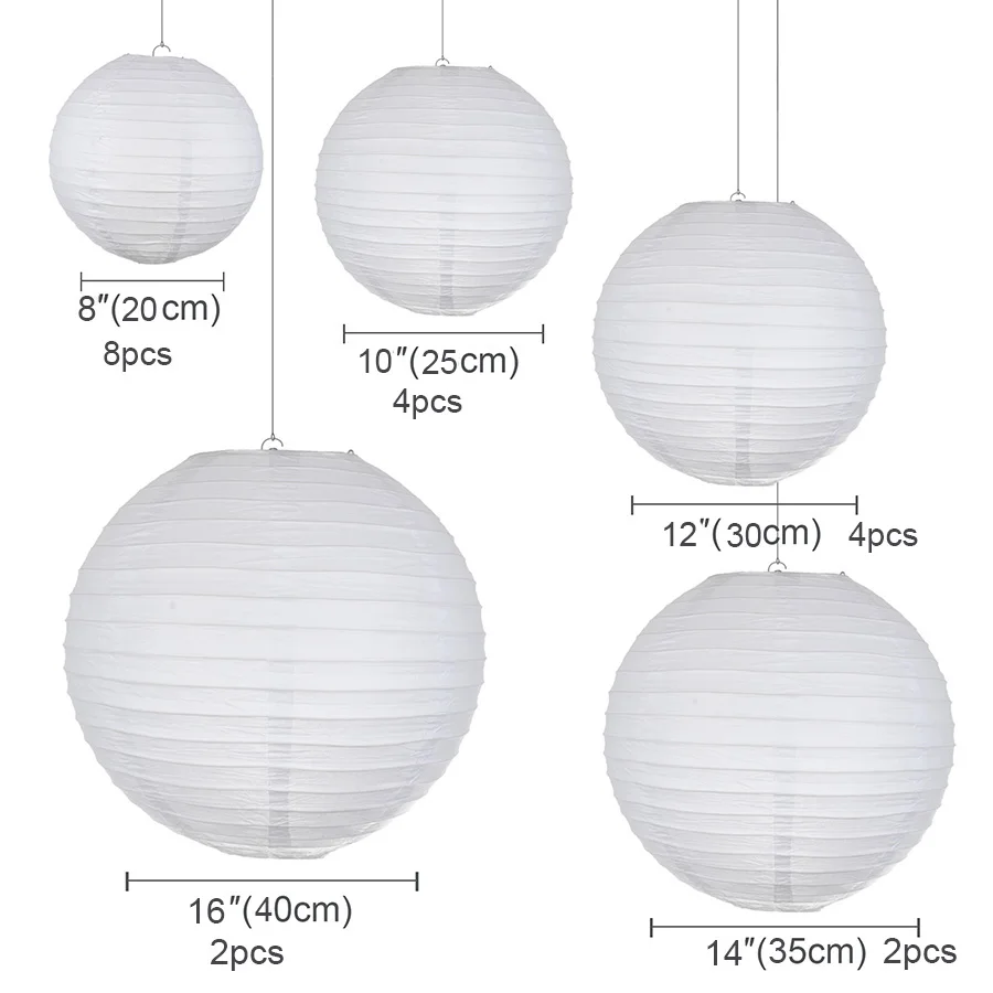 20pcs/Lot White Paper Lanterns Mixed Size (20cm,30cm,35cm,40cm) Chinese Paper Ball Lampion For Wedding Party Holiday Decoration