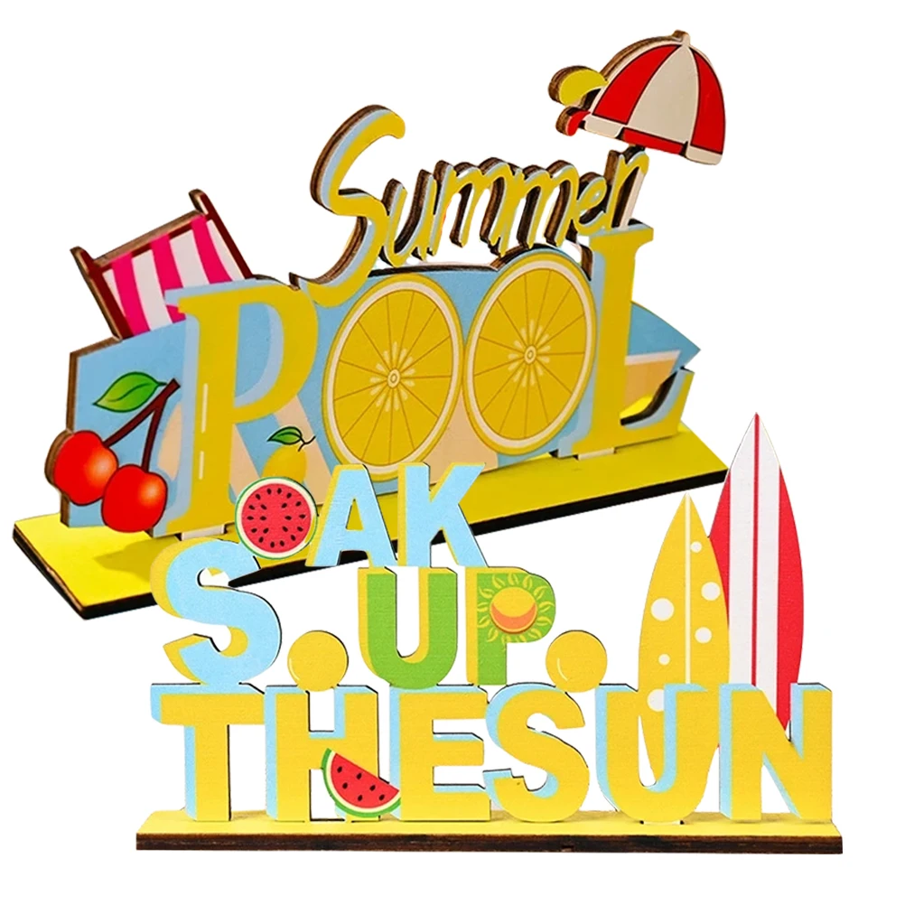 

2 Pcs Summer Letter Decor Photo Props Beach Themed Room Shelf Craft Luau Wood Ornament Party Gift Tropical Table Accessories