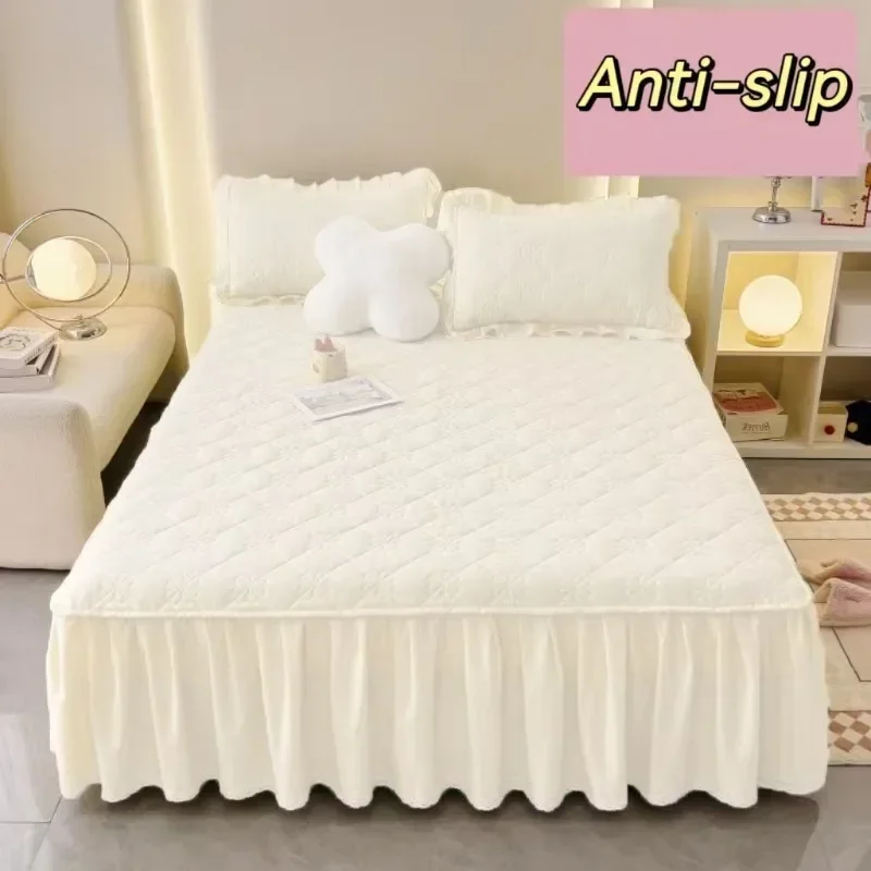 Lace Border Bed Skirt Mattress Protector Thickened Anti-slip Queen Double Single Bedspread Full Size Solid Color（No Pillowcase）