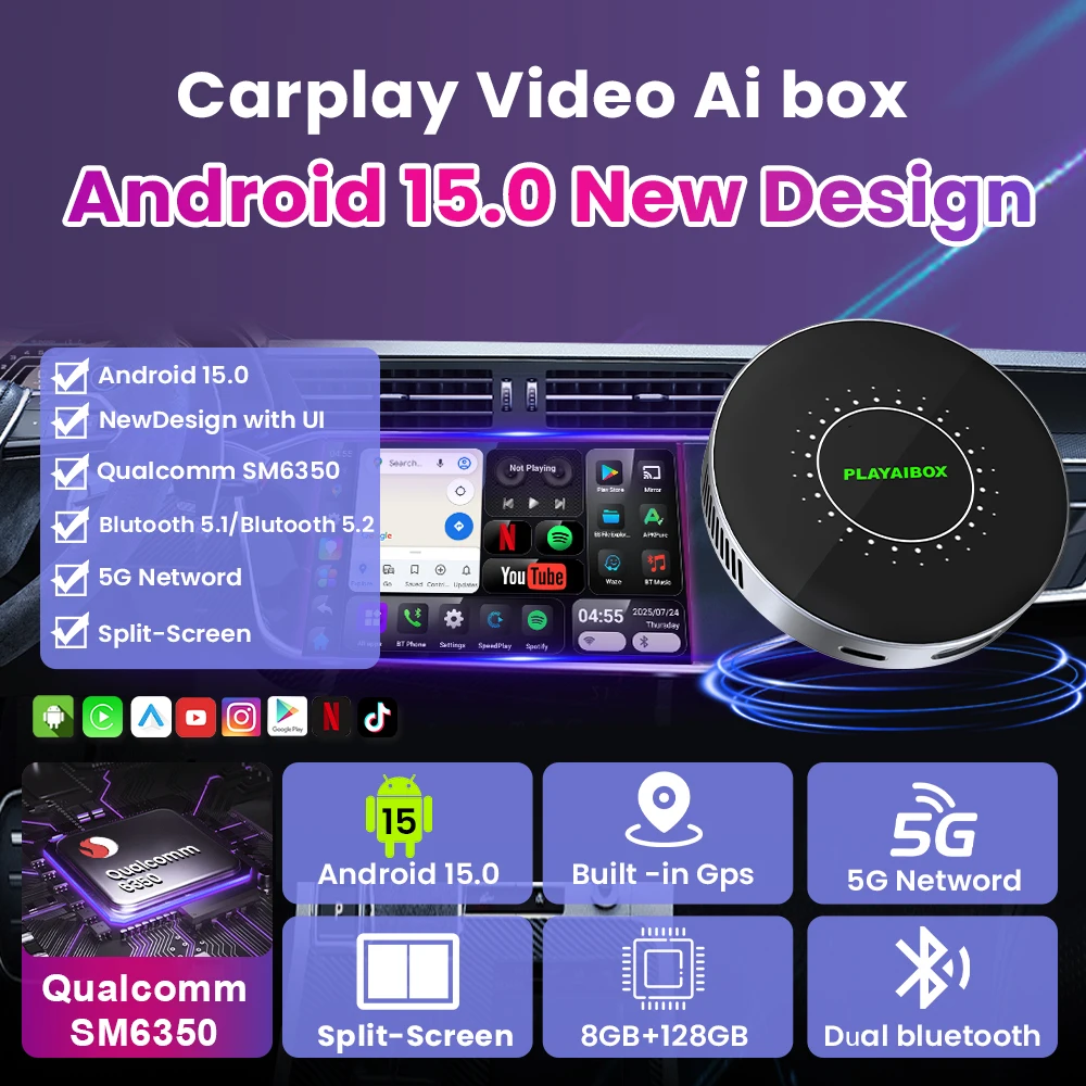 Android 15 CarPlay Ai Box SM6350 8G + 128G مدمج بنظام تحديد المواقع اللاسلكي CarPlay Android Auto 5G LTE يدعم Youtube Netflix لـ MG BYD VW