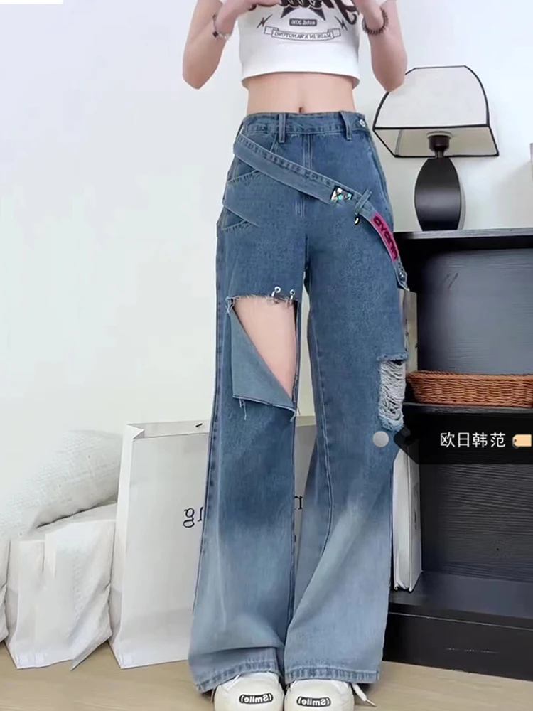 

2024 Summer New AmericanRetro Straight Slim Denim Pants Women Causal Y2k 2000s Harajuku Stretwaer High Waist Loose Long Jeans