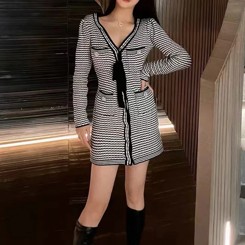 

Elegant Lady Knitted Striped Dresses Casual Deep V High Waist Mini Dress Spring 2023 Vintage Long Sleeve Slim Vestidos for Women