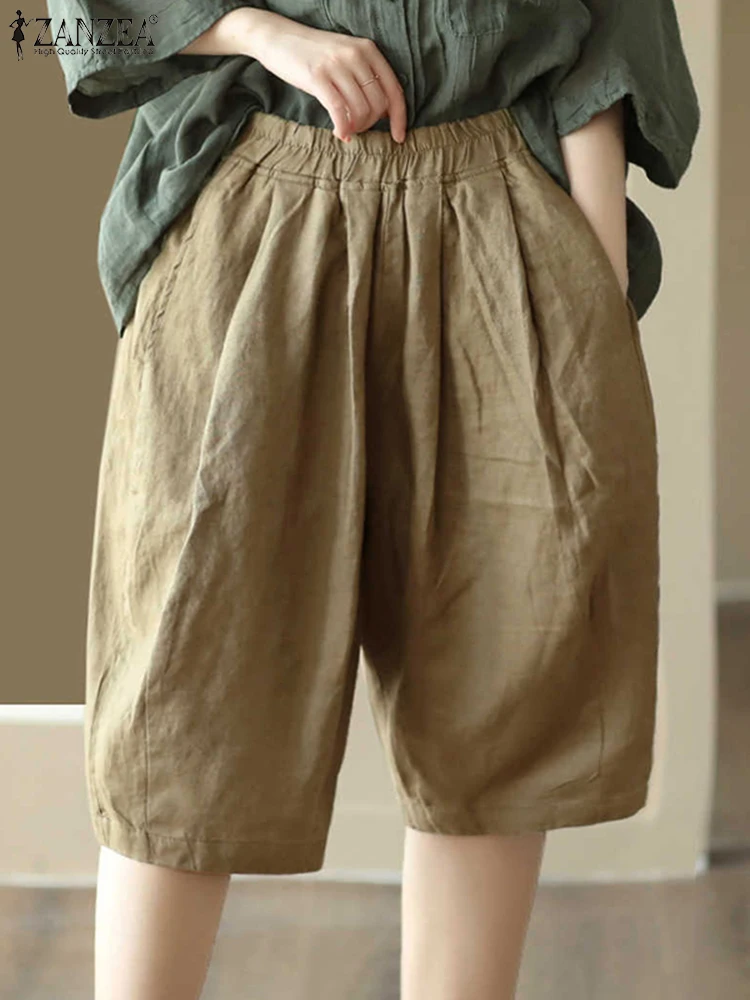 

Fashion Elastic Waist Pleating Shorts ZANZEA Women Short Pants Holiday Summer 2025 Korean Pantalons Casual Loose Cotton Bottoms