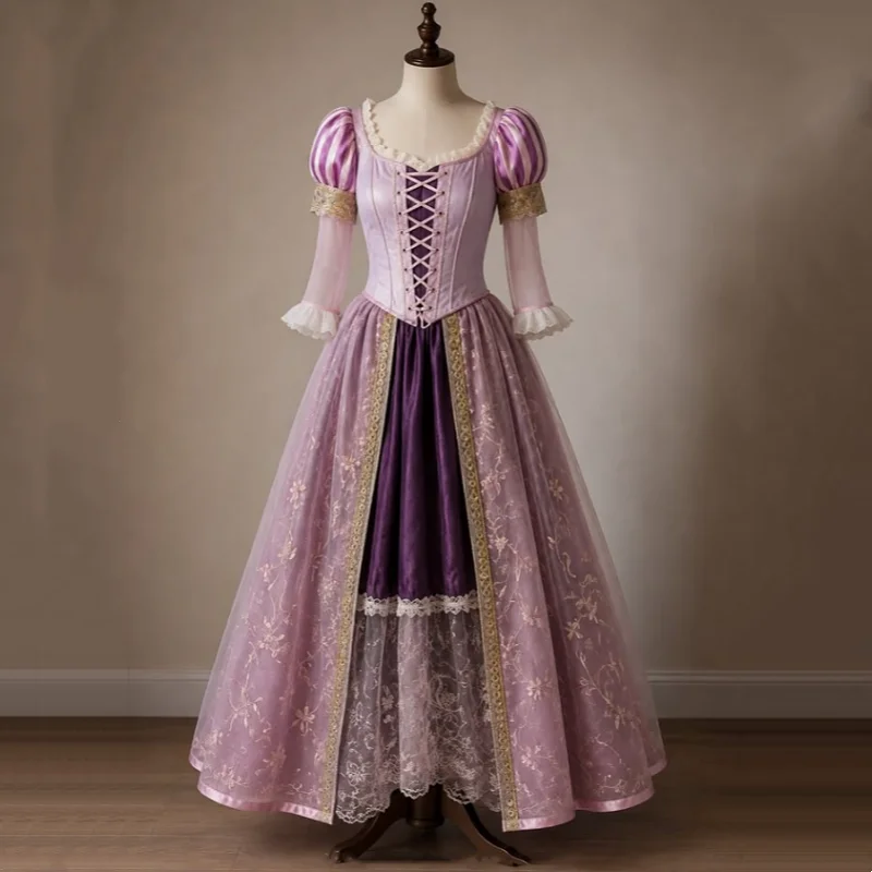 Vestido de Fiesta Lila Estilo Princesa Medieval con Mangas Abullonadas, Corsé de Encaje, Estilo Renacentista Vintage, Personalizable