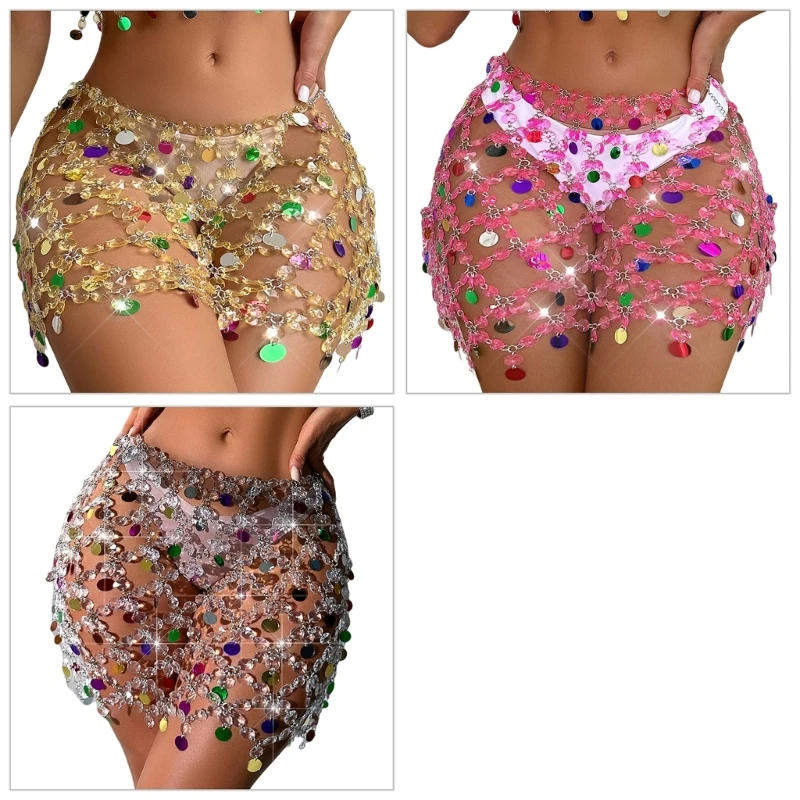 

Women Colorful Sequins Rhinestones Skirt Body Jewelry Waist Chain Party Cover Up N7YE