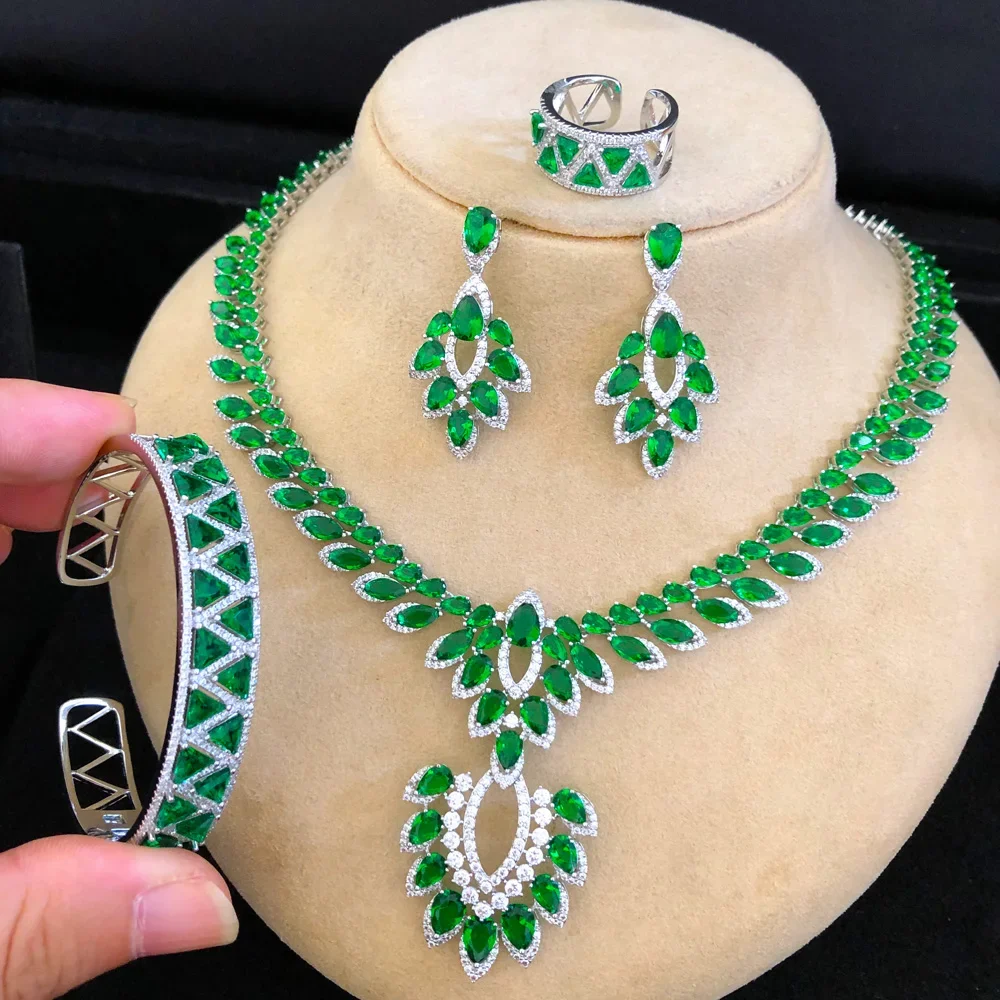 

Soramoore Fashion Romantic Green Shiny Necklace Earrings Bracelet Ring Set For Women Girl Bridal Wedding Gift High Quality