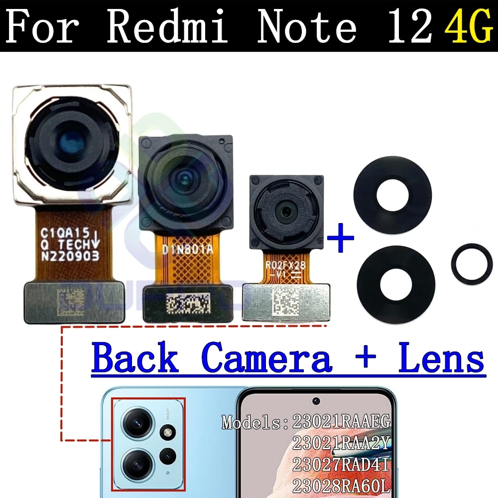 Original Rear Camera Flex Cable For Xiaomi Redmi Note 12 4G Note12 Front Selfie Small Facing Main Back Camera Glass Lens Frame