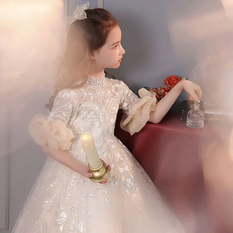 Little Girls Communion Tulle Sequin Dress Flower Girls Bridesmaid Wedding Dreses Teen Girls Very Elegant Evening Party Gown