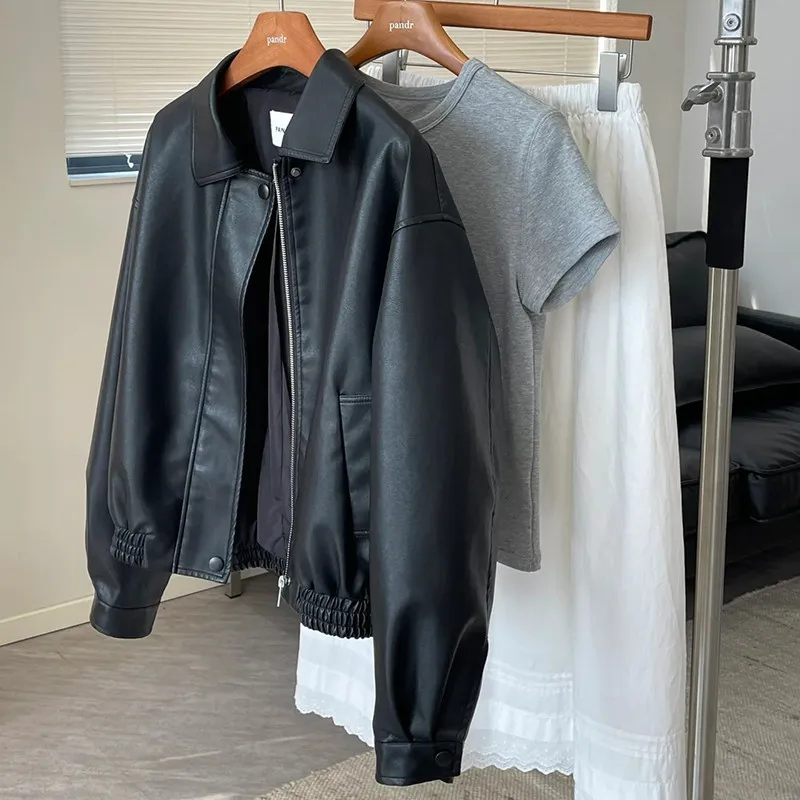 Short Black Leather Jacket Women's Trendy Cool Style Retro Top Quality PU Leather Spring Autumn New Arrival Fashionable