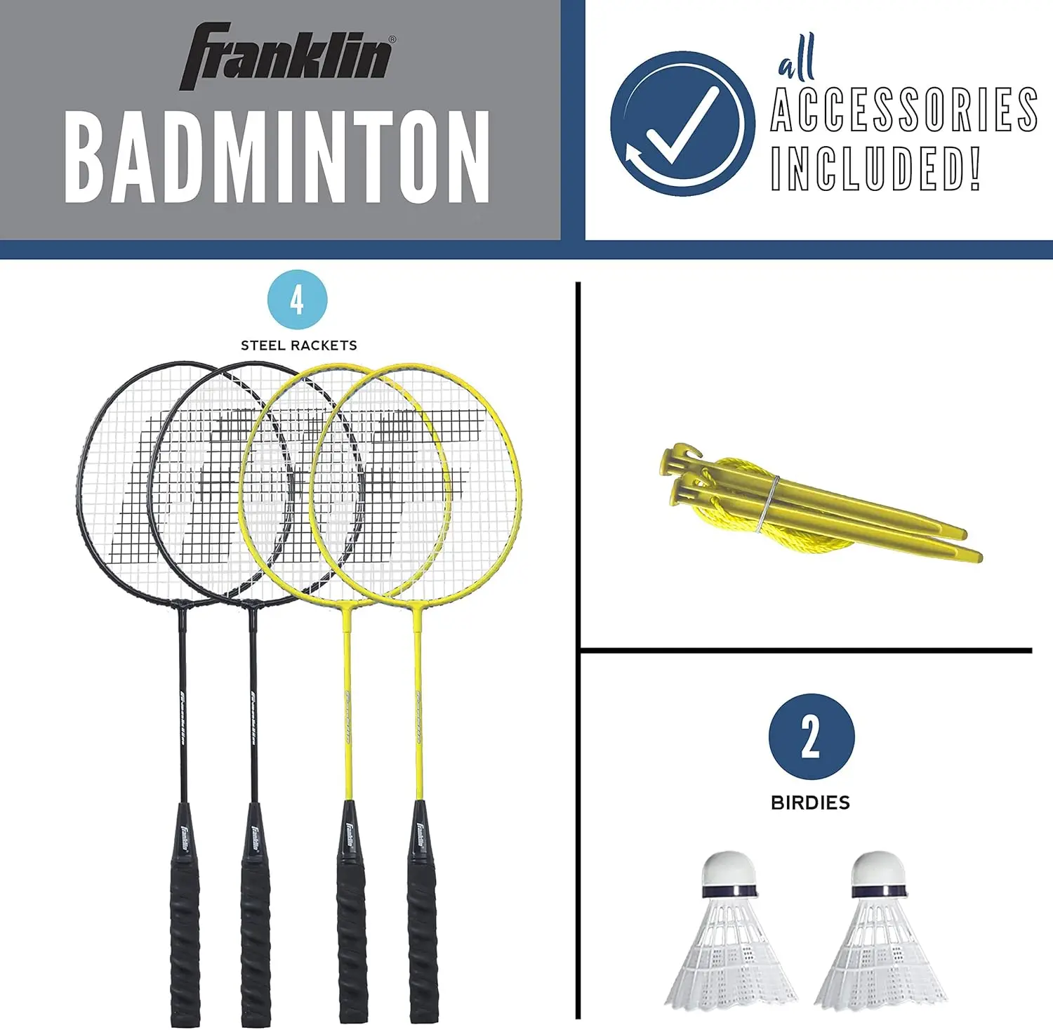Set completo da badminton con rete portatile, 4 racchette, 2 uccelli per divertimento in famiglia all'aperto