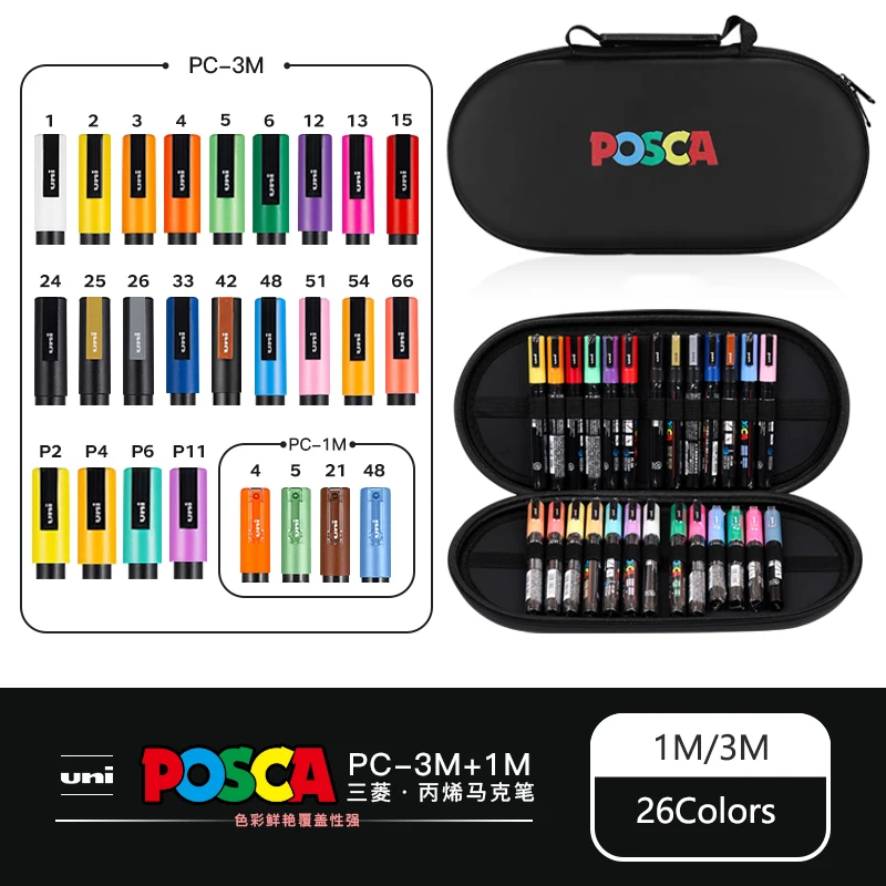 POSCA acrylstiften georganiseerd in tassen, 0,7-2,5 mm schoolkleurpennen, handige originele Japanse professionele kunstverfbenodigdheden