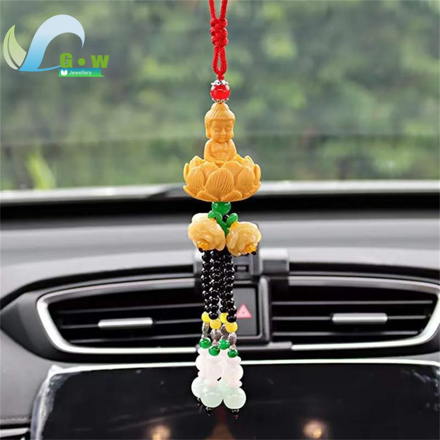 Luxury Car Pendant Lotus Design Spiritual Protection Adjustable Mirror Charm Safe Travel Gift for Drivers Handmade Cultural Car
