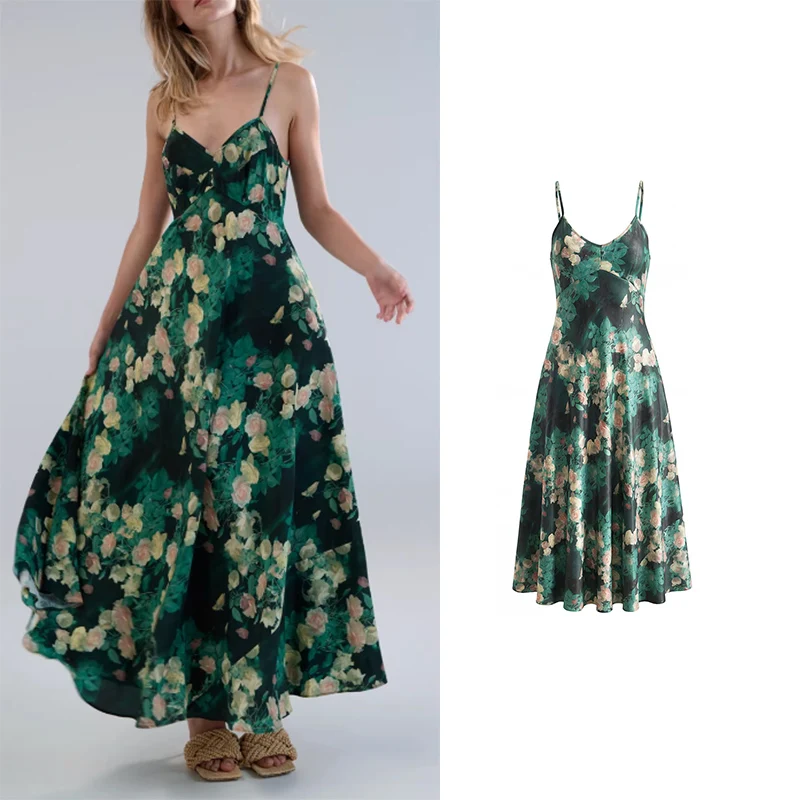 Abito da donna con stampa floreale verde scuro, abito da festa elegante midi in raso con scollo a V senza maniche, adatto a tutte le stagioni