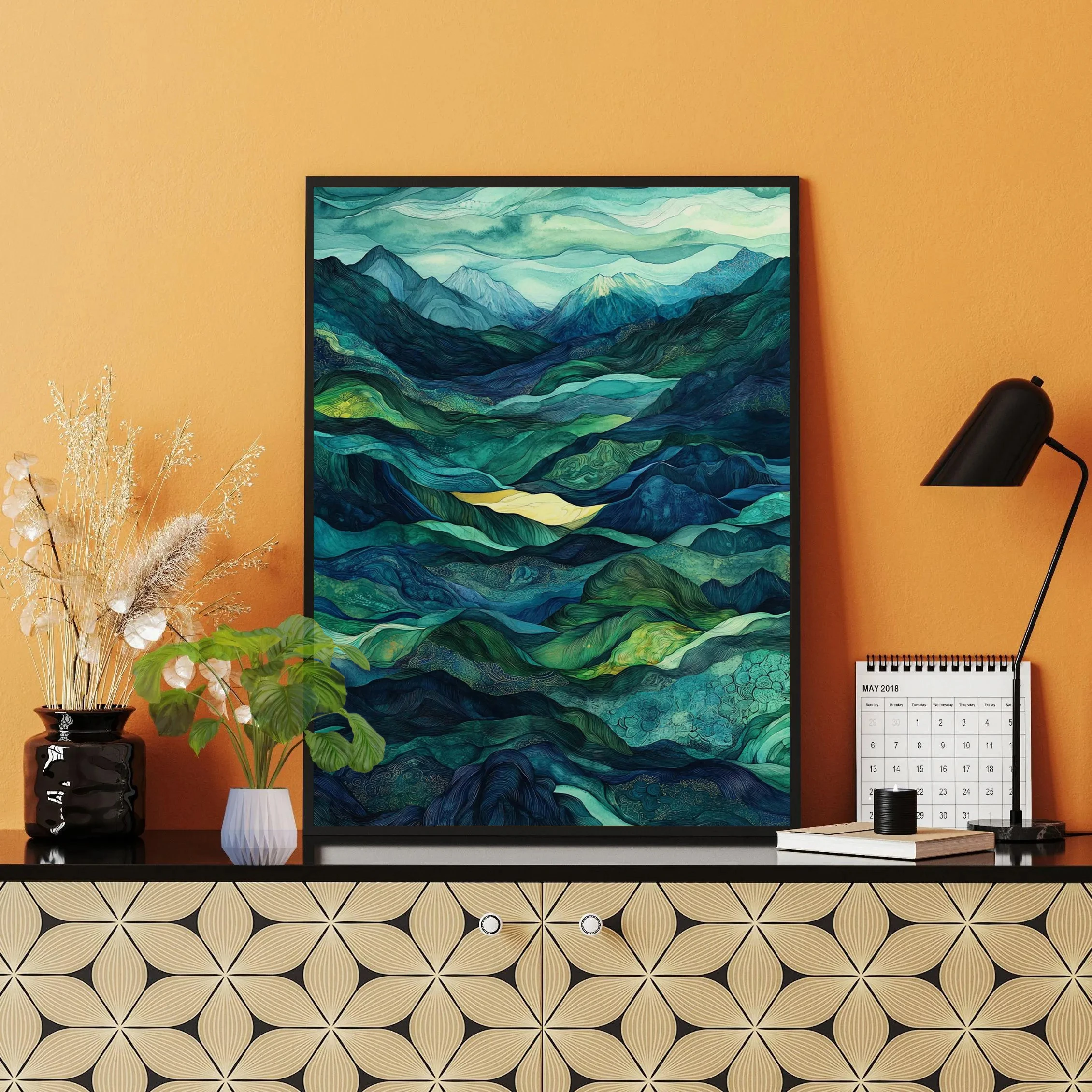 

Abstract natural mountain landscape poster colorful geometric art print rolling hills and verdant valleys modern wall decoration