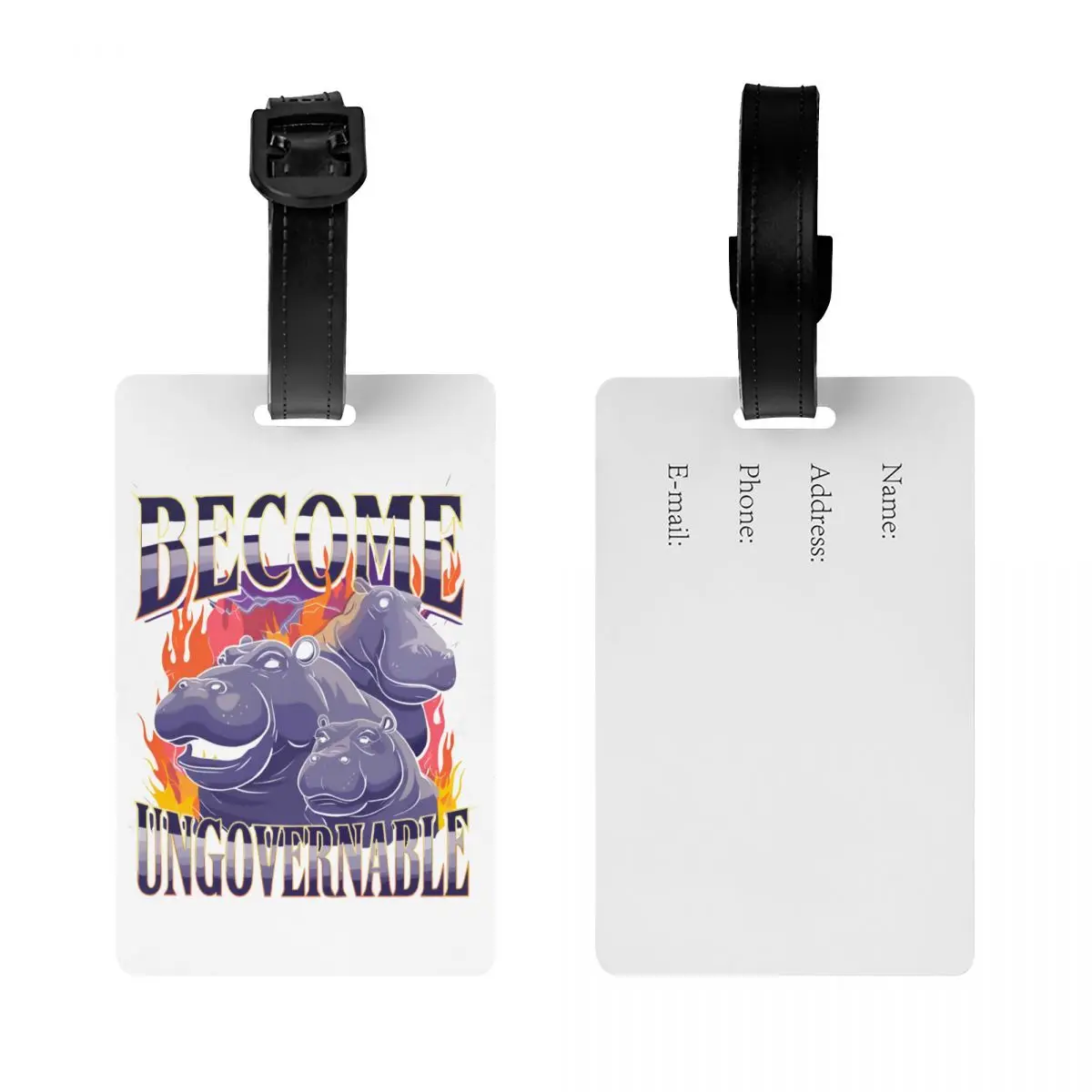 Etiqueta de equipaje personalizada Become Ungovernable Funny Hippo Meme con tarjeta de nombre, cubierta de privacidad, etiqueta de identificación para bolsa de viaje, maleta