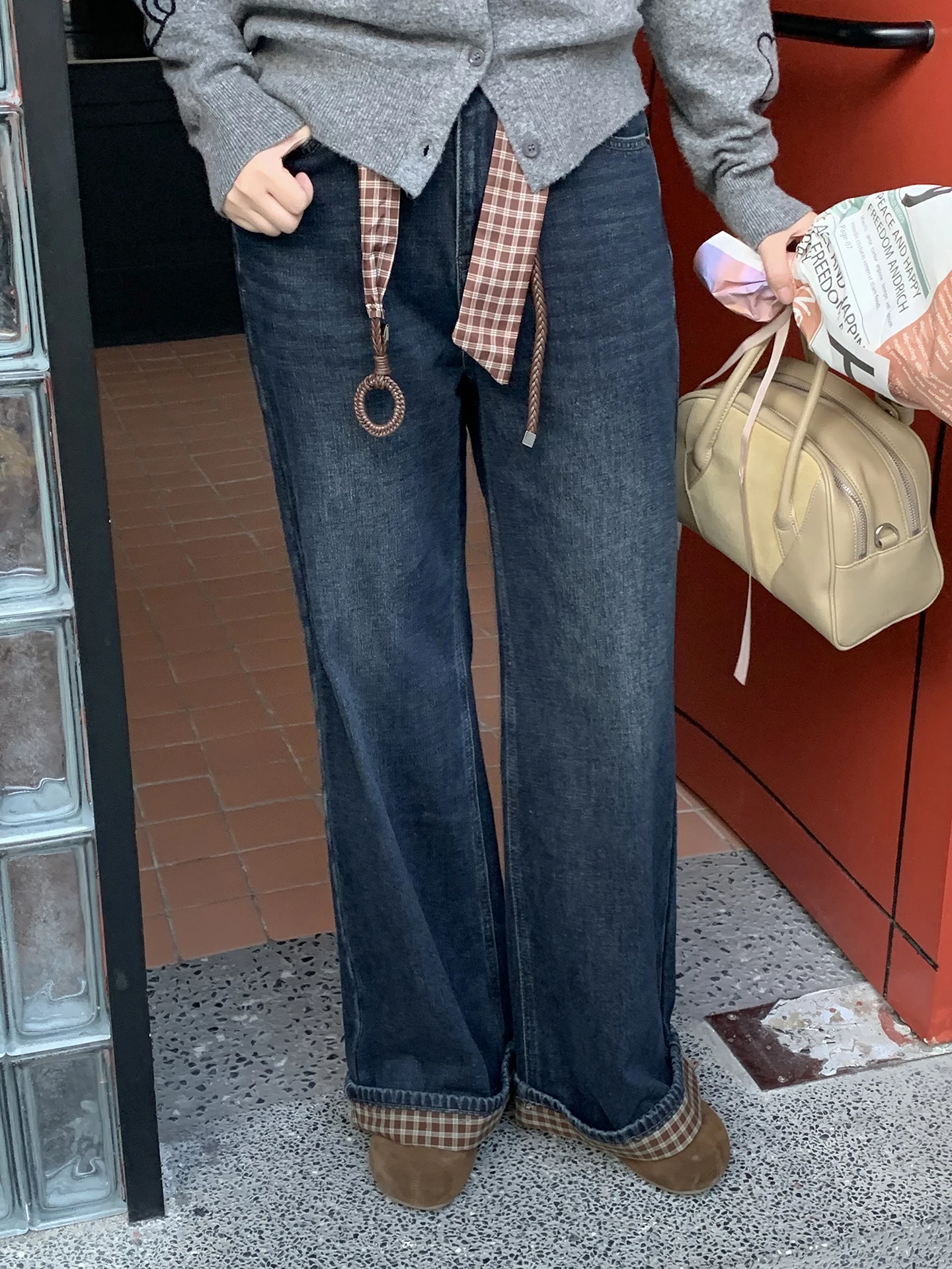 

ELINSU винтажные клетчатые женские осенне-зимние свободные повседневные прямые джинсы из хлопка цвета l талии