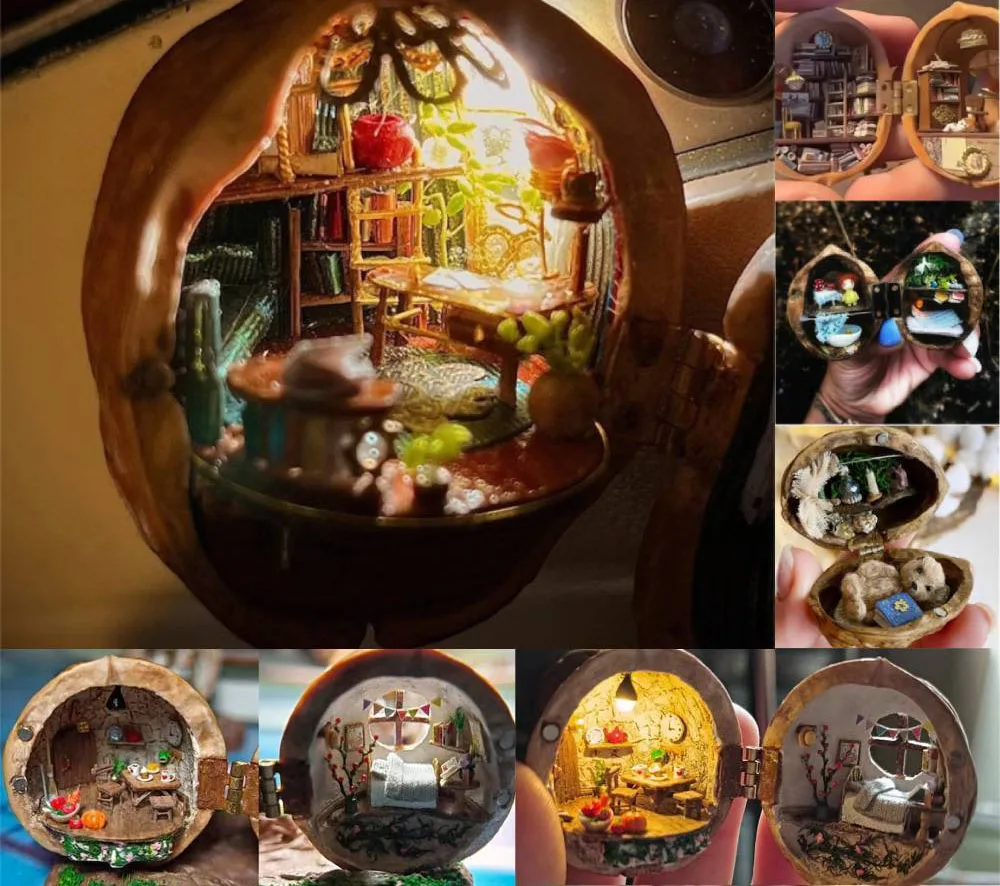 Walnut Shell Dollhouse Tiny World Inside Walnuts Resin Miniature Dollhouse Kit Handmade Mini Library 3D Children\'s Toy Gift