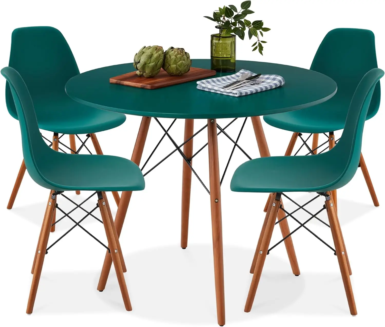 5-Piece Dining Set, Compact Mid-Century Modern Table & Chair Set for Home, Apartment w/ 4 Chairs, Plastic Seats