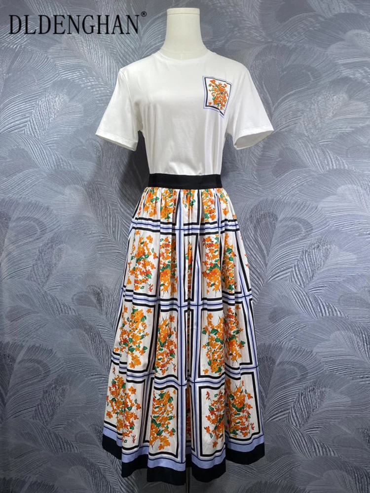 

DLDENGHAN Women's O-Neck Short Sleeve T-Shirt + Flowers Print Skirt Vintage Cotton 2 piece set Fashion Summer New