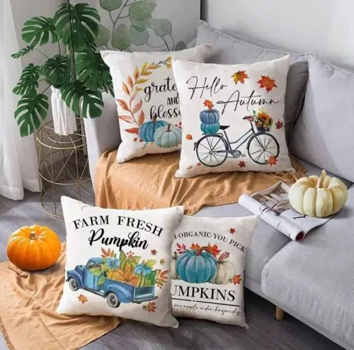 Sindax Set Of 4 Fall Pillow Covers 18x18 Inches Fall Autumn Pumkins Truck Decoration Custom Cushion Cover DIY Customized Throw