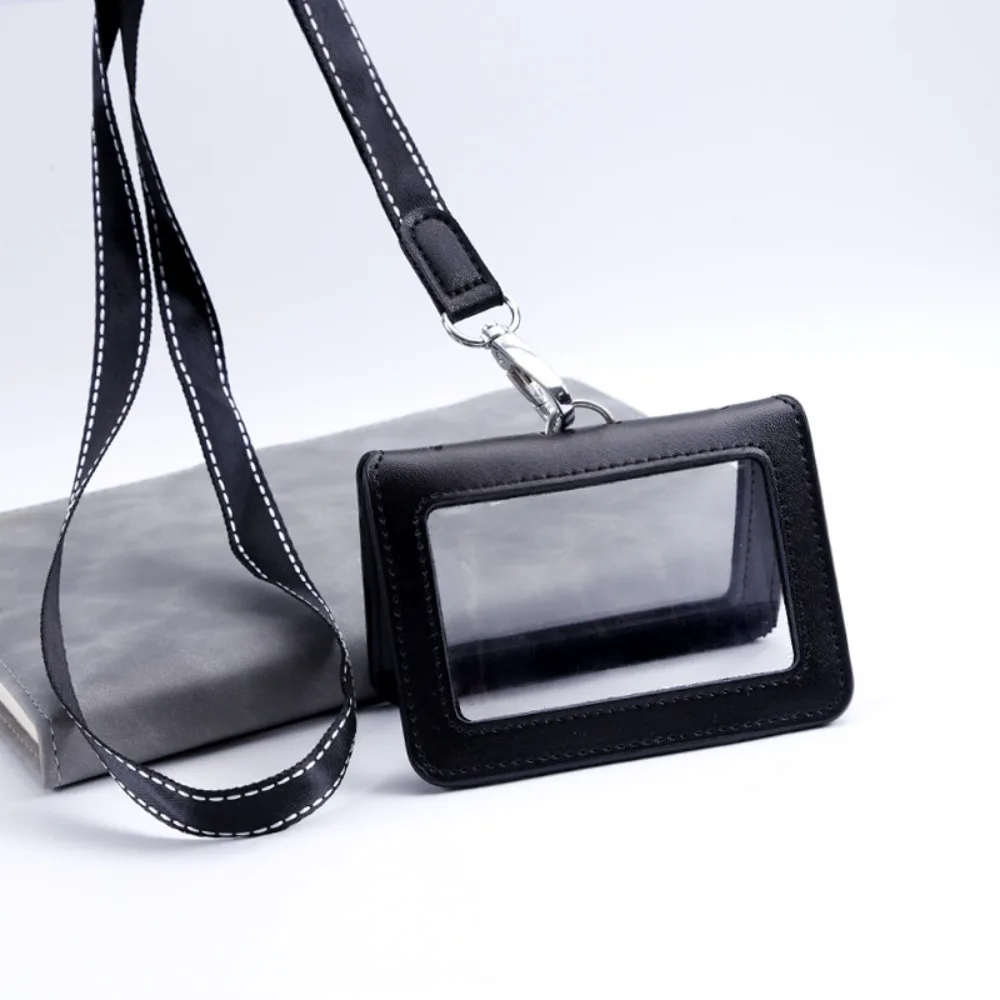 

Double-Sided Leather Card Cover With Neck Strap Badge Clip ID Card Holder Card Case Clear Leather Badge Holder Staff Supplies
