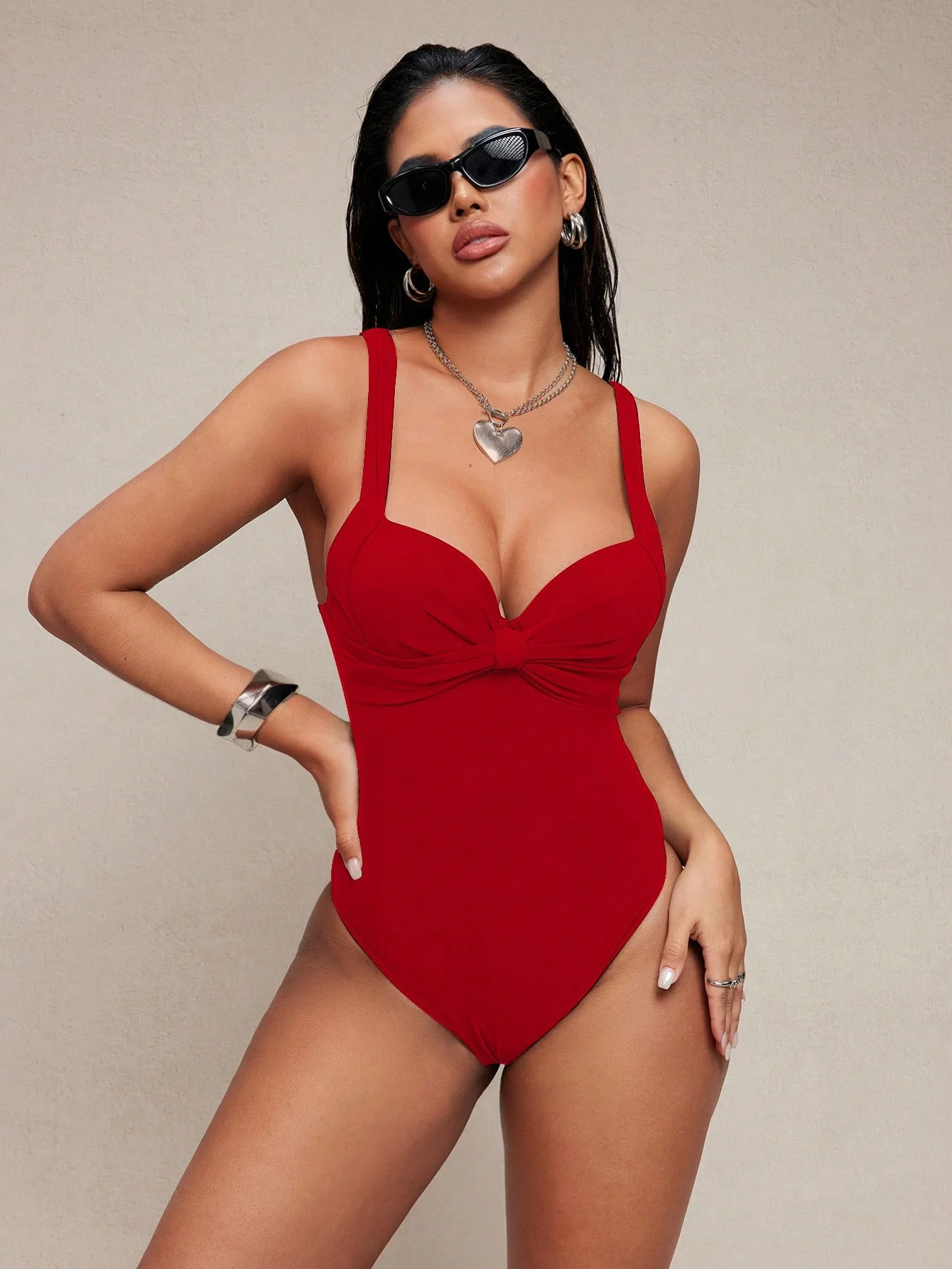 

Women's Twist Front One Piece Swimsuit, Wide Strap High Cut Bathing Suit with Push Up Bust for Beach Vacation