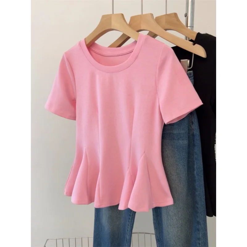 التخسيس حجم كبير تي شيرت ort Sve الأوروبي Sle Faionable الصيف أفضل الملابس النسائية ميدي تنورة المحملة ألياف خلات #5